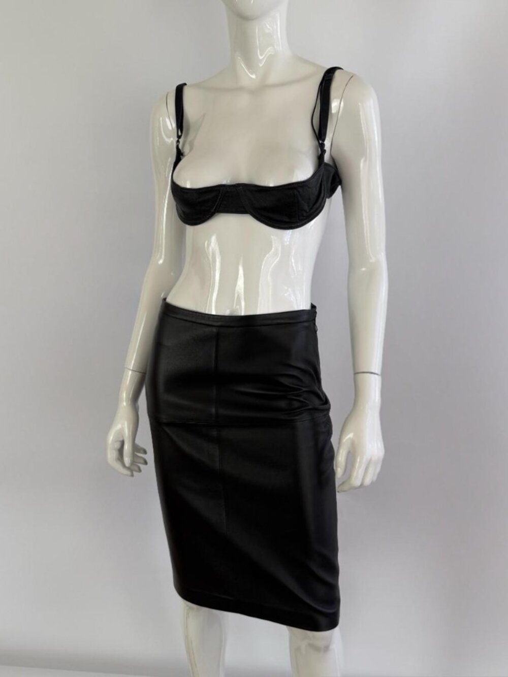 Vintage 90s Black Genuine Leather Midi Skirt